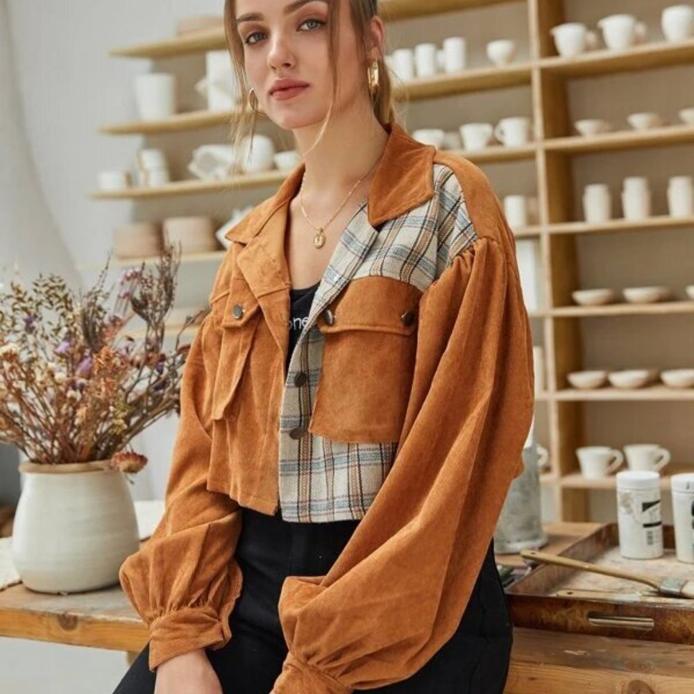Spliced Plaid Flap Pocket Crop Corduroy Jacket